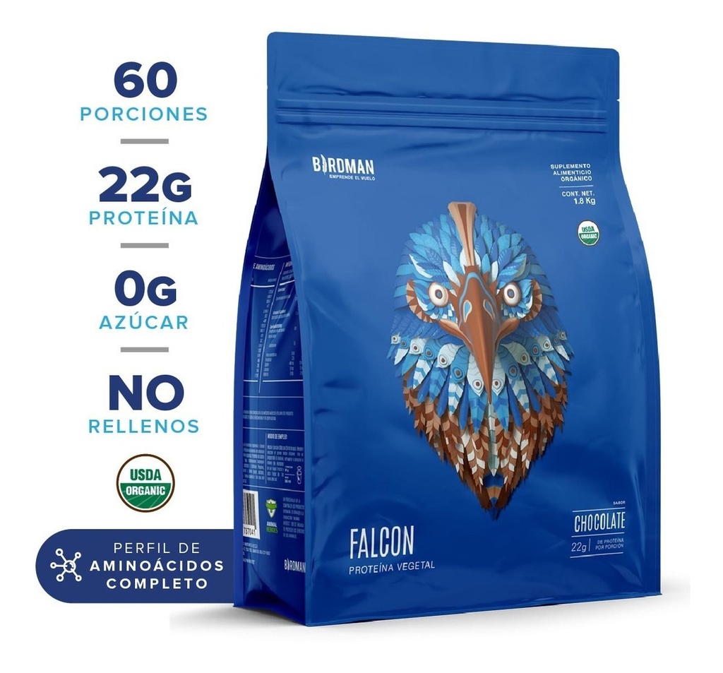 Proteína Vegetal Orgánica Polvo Falcon Protein 1.8kg Birdman Sabor Chocolate
