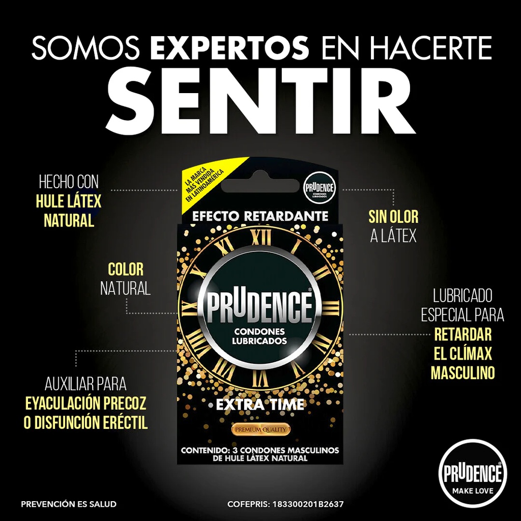 3 Condones De Látex Prudence Extra Time Con Retardante