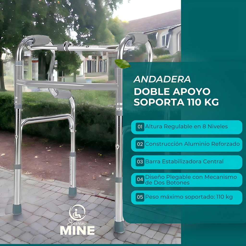 Andadera Doble Apoyo De Aluminio Plegable Ajustable Andador