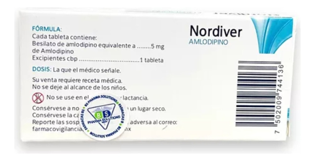 Nordiver Amlodipino 5mg C/10 Tabletas Maver