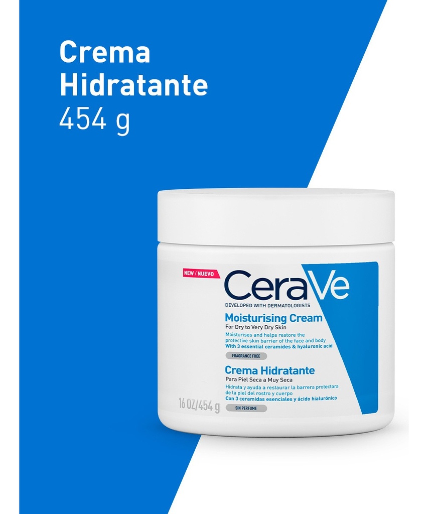 Cerave Crema Hidratante Piel Seca A Muy Seca | Piel Hidratada Hasta Por 48 Horas | Con 3 Ceramidas Esenciales | Contiene Ácido Hialurónico | Desarrollada Con Dermatólogos | 454ml | 16oz