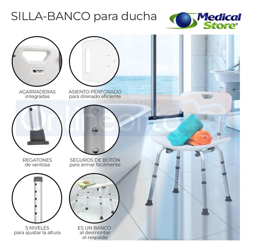 Silla Ducha Baño Antiderrapante Ajustable Adulto Respaldo Ortopédica Superconfort Sc512