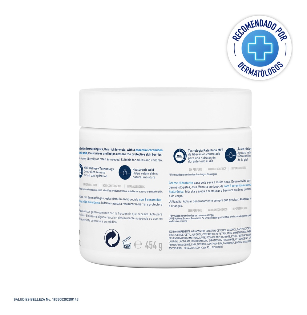 Cerave Crema Hidratante Piel Seca A Muy Seca | Piel Hidratada Hasta Por 48 Horas | Con 3 Ceramidas Esenciales | Contiene Ácido Hialurónico | Desarrollada Con Dermatólogos | 454ml | 16oz