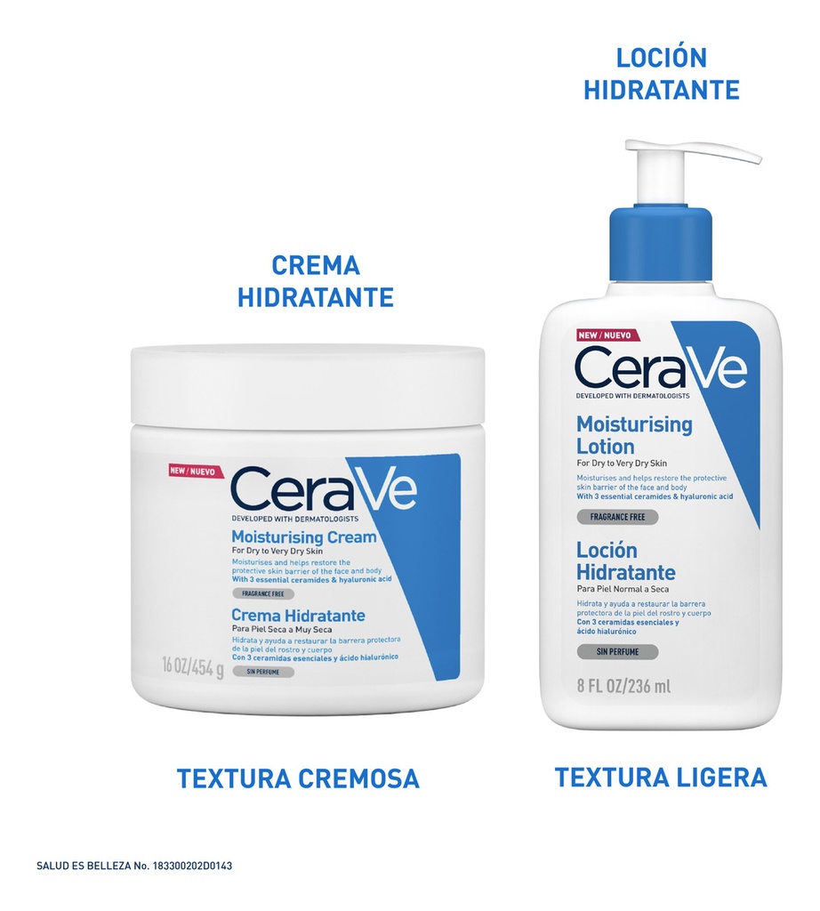 Cerave Crema Hidratante Piel Seca A Muy Seca | Piel Hidratada Hasta Por 48 Horas | Con 3 Ceramidas Esenciales | Contiene Ácido Hialurónico | Desarrollada Con Dermatólogos | 454ml | 16oz