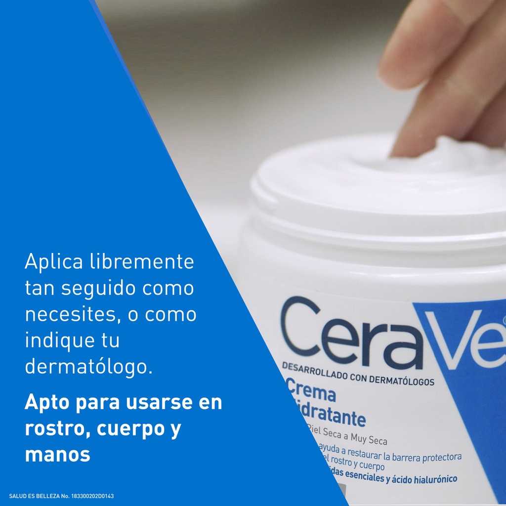 Cerave Crema Hidratante Piel Seca A Muy Seca | Piel Hidratada Hasta Por 48 Horas | Con 3 Ceramidas Esenciales | Contiene Ácido Hialurónico | Desarrollada Con Dermatólogos | 454ml | 16oz