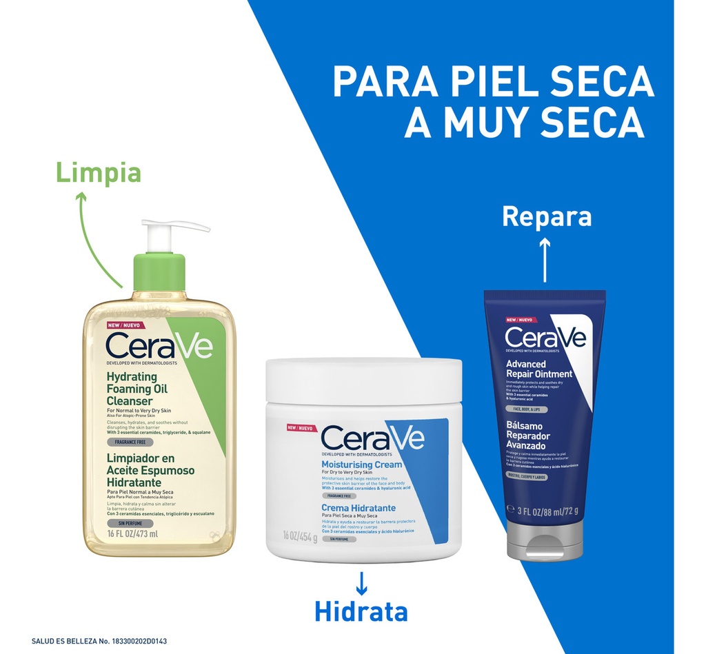 Cerave Crema Hidratante Piel Seca A Muy Seca | Piel Hidratada Hasta Por 48 Horas | Con 3 Ceramidas Esenciales | Contiene Ácido Hialurónico | Desarrollada Con Dermatólogos | 454ml | 16oz