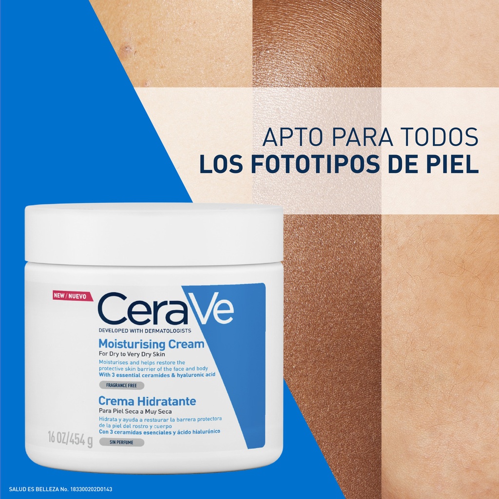 Cerave Crema Hidratante Piel Seca A Muy Seca | Piel Hidratada Hasta Por 48 Horas | Con 3 Ceramidas Esenciales | Contiene Ácido Hialurónico | Desarrollada Con Dermatólogos | 454ml | 16oz