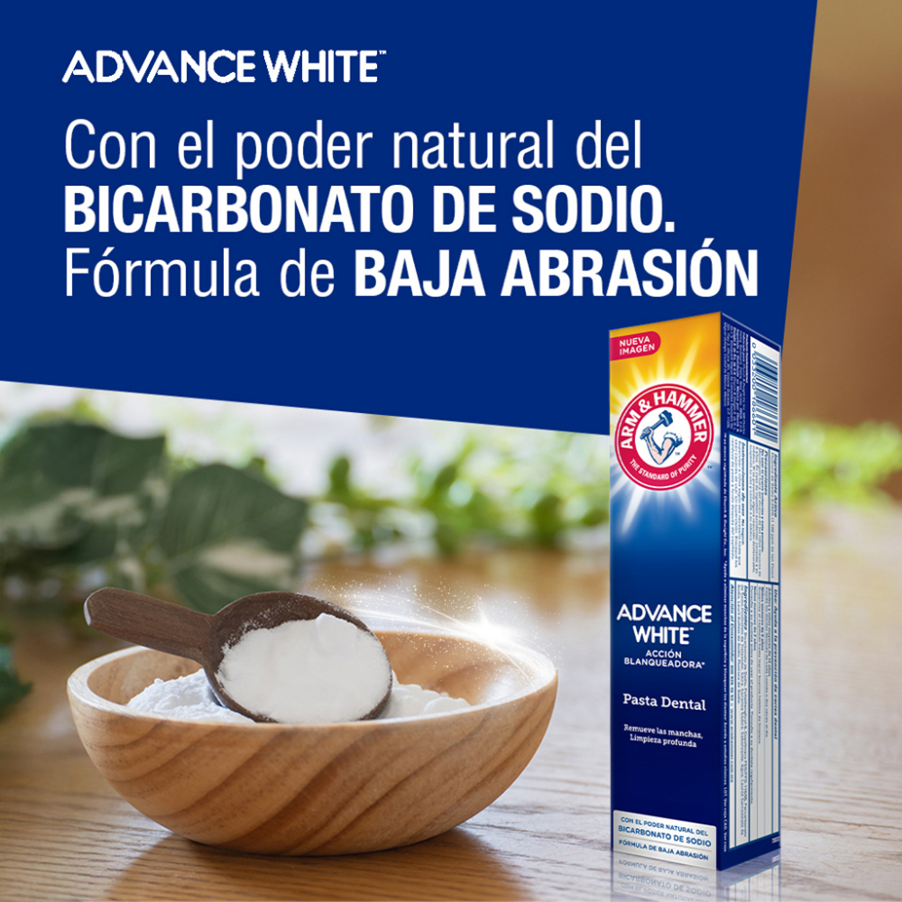 Arm & Hammer Pasta Dental Advance White Complete 121 G. Acción Blanqueadora Que Remueve Las Manchas, Con Bicarbonato De Sodio Y Peróxido. Aliento Fresco Duradero, Sabor Menta