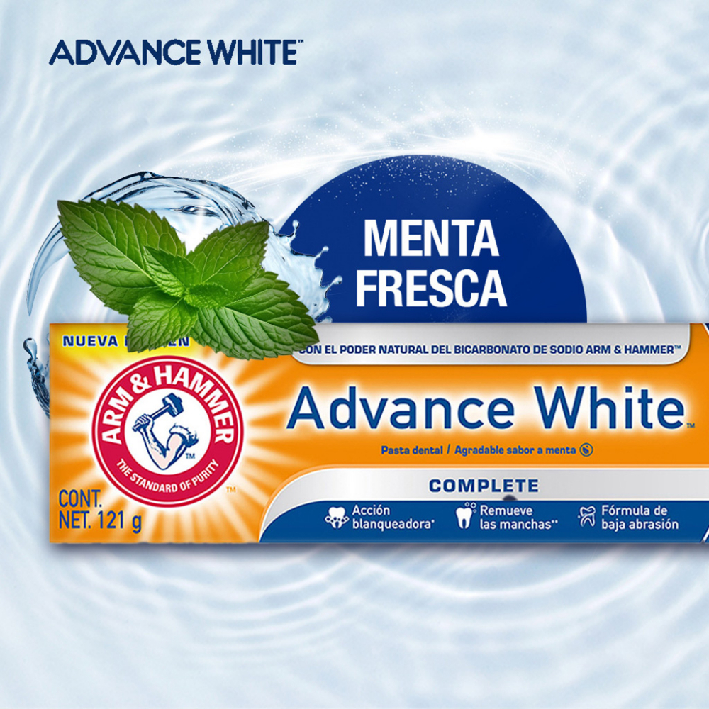 Arm & Hammer Pasta Dental Advance White Complete 121 G. Acción Blanqueadora Que Remueve Las Manchas, Con Bicarbonato De Sodio Y Peróxido. Aliento Fresco Duradero, Sabor Menta