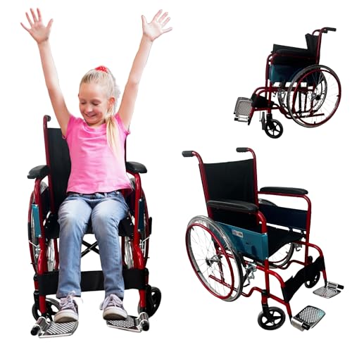 SEVEN MINE Silla de Ruedas Infantil Plegable | Asiento de 14" con Reposapies y Descansa Brazos Fijos | Llanta Rin Rayos de 22" | Kids (Rojo)