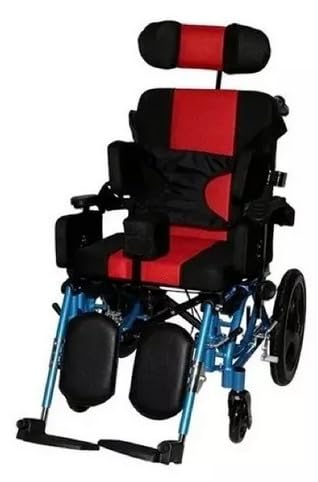 Silla de Ruedas Reclinable PCA, 48 cm, Asiento Acolchado, Reposacabezas Ajustable, Rojo y Negro, Marco Azul