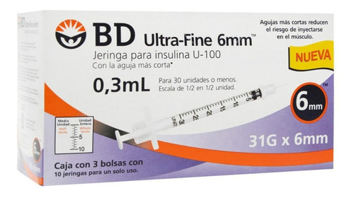 Bd Ultra-fine Jeringa Para Insulina 0.3ml 31gx6mm Con 30pzas Capacidad En Volumen 3 Ml
