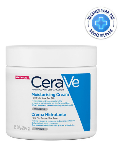 Cerave Crema Hidratante Piel Seca A Muy Seca | Piel Hidratada Hasta Por 48 Horas | Con 3 Ceramidas Esenciales | Contiene Ácido Hialurónico | Desarrollada Con Dermatólogos | 454ml | 16oz