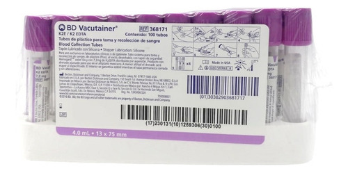 [Lila100] Tubo Vacutainer Bd De 4ml Lila Caja Con 100 Piezas