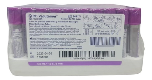 [Lila100] Tubo Vacutainer Bd De 4ml Lila Caja Con 100 Piezas